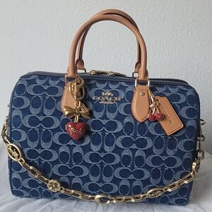 Coach Rowan Large Denim, Bow Heart Locket Charm, & Horse and Carriage Chain